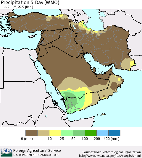 Middle East and Turkey Precipitation 5-Day (WMO) Thematic Map For 7/21/2022 - 7/25/2022