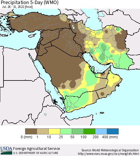 Middle East and Turkey Precipitation 5-Day (WMO) Thematic Map For 7/26/2022 - 7/31/2022