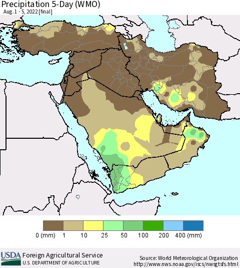 Middle East and Turkey Precipitation 5-Day (WMO) Thematic Map For 8/1/2022 - 8/5/2022