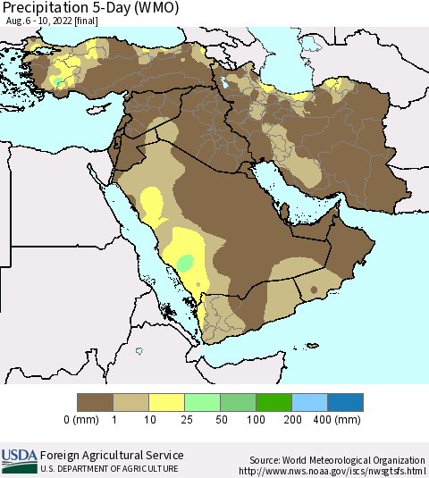Middle East and Turkey Precipitation 5-Day (WMO) Thematic Map For 8/6/2022 - 8/10/2022
