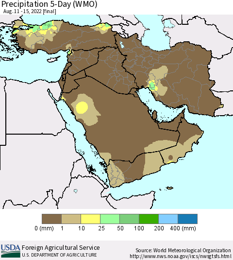 Middle East and Turkey Precipitation 5-Day (WMO) Thematic Map For 8/11/2022 - 8/15/2022