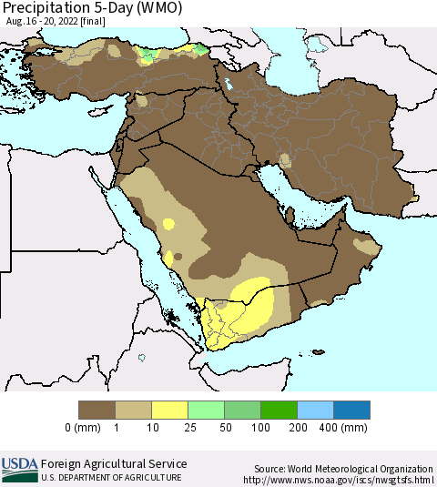 Middle East and Turkey Precipitation 5-Day (WMO) Thematic Map For 8/16/2022 - 8/20/2022