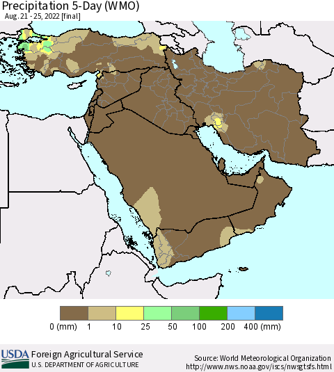 Middle East and Turkey Precipitation 5-Day (WMO) Thematic Map For 8/21/2022 - 8/25/2022