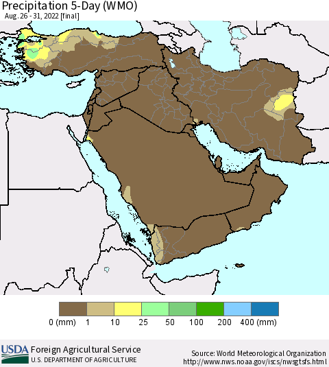 Middle East and Turkey Precipitation 5-Day (WMO) Thematic Map For 8/26/2022 - 8/31/2022