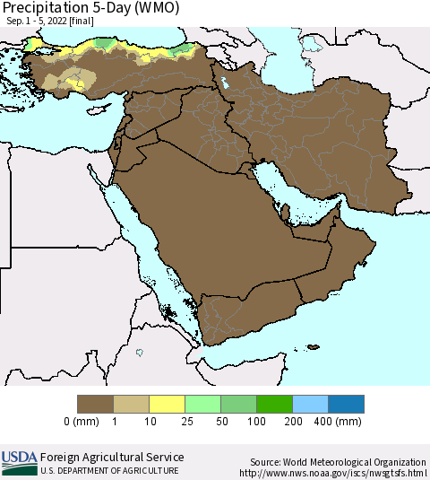 Middle East and Turkey Precipitation 5-Day (WMO) Thematic Map For 9/1/2022 - 9/5/2022