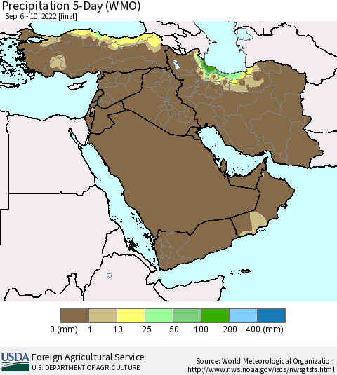 Middle East and Turkey Precipitation 5-Day (WMO) Thematic Map For 9/6/2022 - 9/10/2022