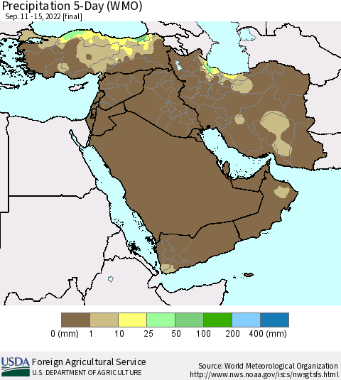 Middle East and Turkey Precipitation 5-Day (WMO) Thematic Map For 9/11/2022 - 9/15/2022