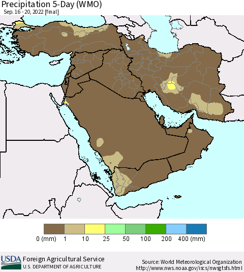Middle East and Turkey Precipitation 5-Day (WMO) Thematic Map For 9/16/2022 - 9/20/2022
