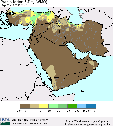 Middle East and Turkey Precipitation 5-Day (WMO) Thematic Map For 9/21/2022 - 9/25/2022