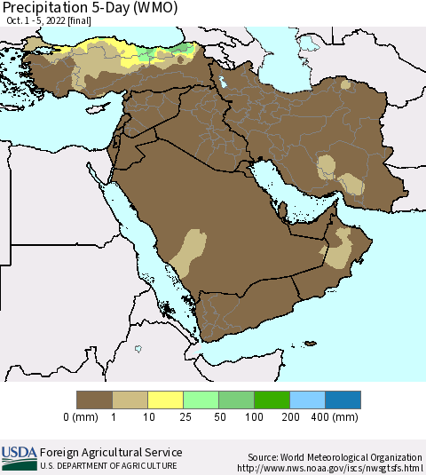 Middle East and Turkey Precipitation 5-Day (WMO) Thematic Map For 10/1/2022 - 10/5/2022