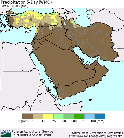 Middle East and Turkey Precipitation 5-Day (WMO) Thematic Map For 10/6/2022 - 10/10/2022