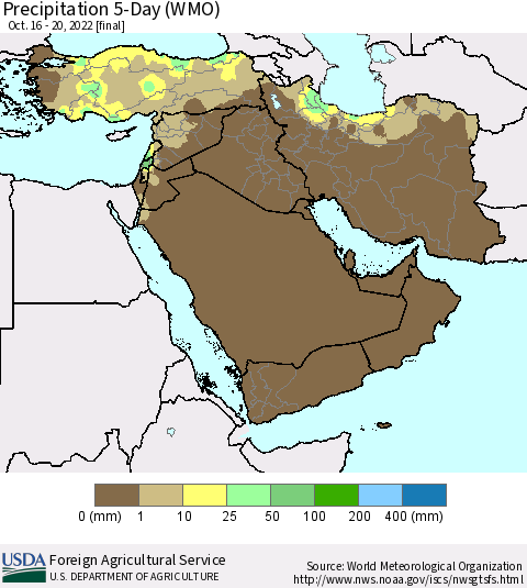 Middle East and Turkey Precipitation 5-Day (WMO) Thematic Map For 10/16/2022 - 10/20/2022
