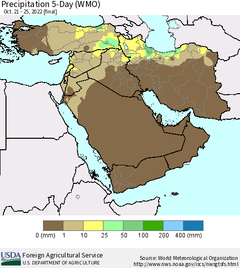 Middle East and Turkey Precipitation 5-Day (WMO) Thematic Map For 10/21/2022 - 10/25/2022