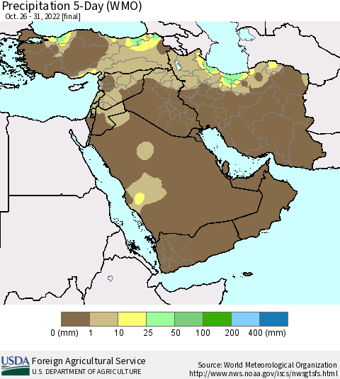 Middle East and Turkey Precipitation 5-Day (WMO) Thematic Map For 10/26/2022 - 10/31/2022