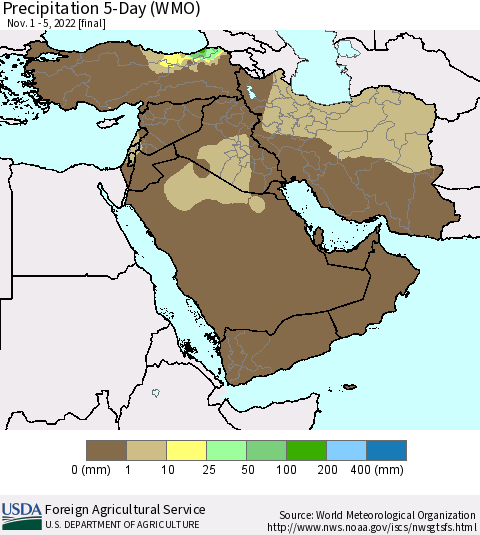 Middle East and Turkey Precipitation 5-Day (WMO) Thematic Map For 11/1/2022 - 11/5/2022