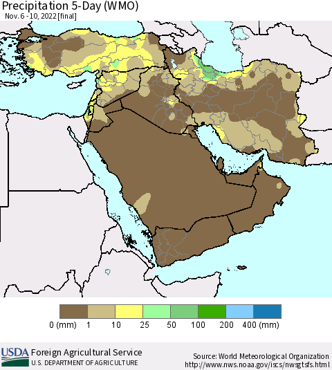 Middle East and Turkey Precipitation 5-Day (WMO) Thematic Map For 11/6/2022 - 11/10/2022