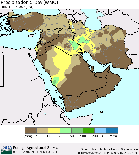 Middle East and Turkey Precipitation 5-Day (WMO) Thematic Map For 11/11/2022 - 11/15/2022