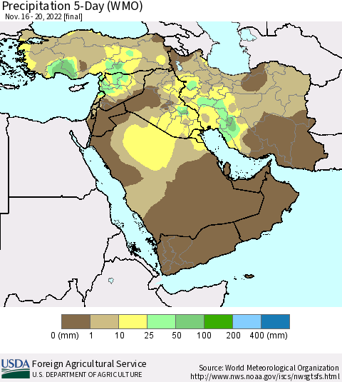 Middle East and Turkey Precipitation 5-Day (WMO) Thematic Map For 11/16/2022 - 11/20/2022