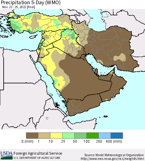 Middle East and Turkey Precipitation 5-Day (WMO) Thematic Map For 11/21/2022 - 11/25/2022