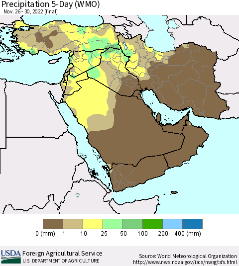 Middle East and Turkey Precipitation 5-Day (WMO) Thematic Map For 11/26/2022 - 11/30/2022