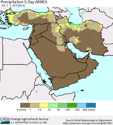 Middle East and Turkey Precipitation 5-Day (WMO) Thematic Map For 12/1/2022 - 12/5/2022