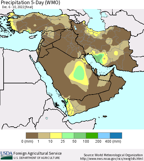 Middle East and Turkey Precipitation 5-Day (WMO) Thematic Map For 12/6/2022 - 12/10/2022