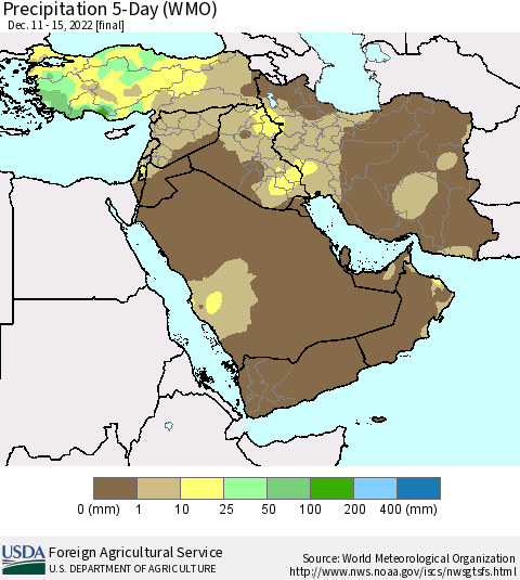 Middle East and Turkey Precipitation 5-Day (WMO) Thematic Map For 12/11/2022 - 12/15/2022