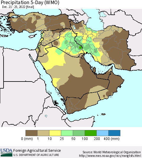 Middle East and Turkey Precipitation 5-Day (WMO) Thematic Map For 12/21/2022 - 12/25/2022