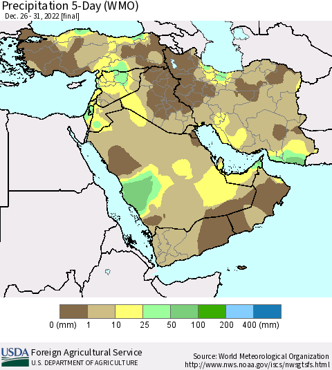 Middle East and Turkey Precipitation 5-Day (WMO) Thematic Map For 12/26/2022 - 12/31/2022
