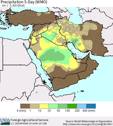 Middle East and Turkey Precipitation 5-Day (WMO) Thematic Map For 1/1/2023 - 1/5/2023