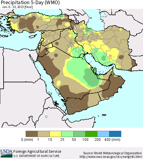 Middle East and Turkey Precipitation 5-Day (WMO) Thematic Map For 1/6/2023 - 1/10/2023