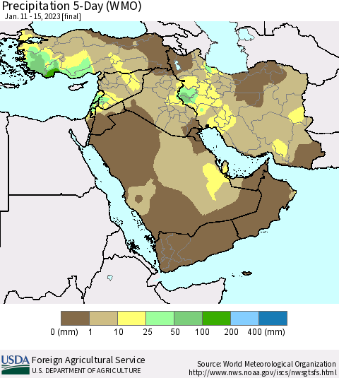 Middle East and Turkey Precipitation 5-Day (WMO) Thematic Map For 1/11/2023 - 1/15/2023