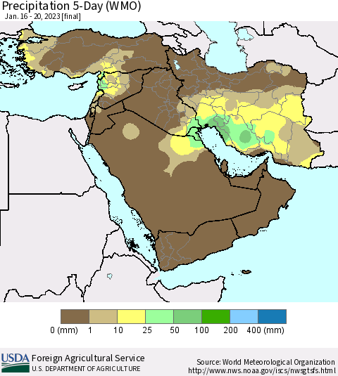 Middle East and Turkey Precipitation 5-Day (WMO) Thematic Map For 1/16/2023 - 1/20/2023