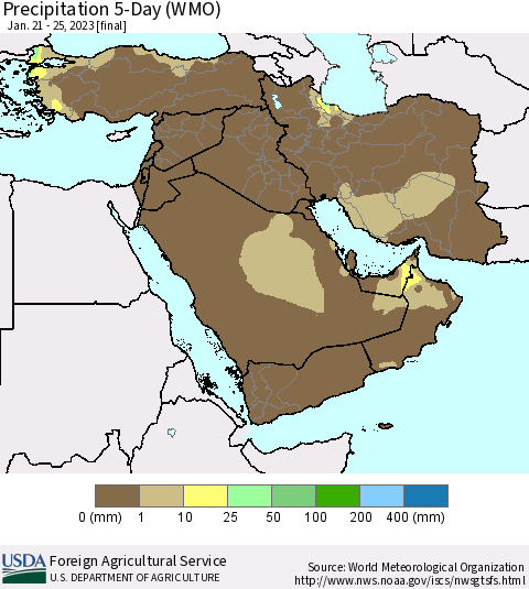Middle East and Turkey Precipitation 5-Day (WMO) Thematic Map For 1/21/2023 - 1/25/2023