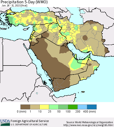 Middle East and Turkey Precipitation 5-Day (WMO) Thematic Map For 1/26/2023 - 1/31/2023