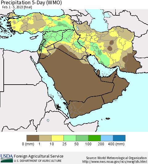 Middle East and Turkey Precipitation 5-Day (WMO) Thematic Map For 2/1/2023 - 2/5/2023
