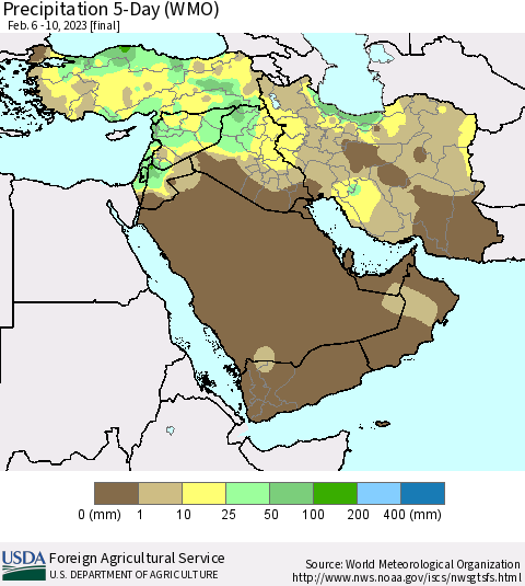 Middle East and Turkey Precipitation 5-Day (WMO) Thematic Map For 2/6/2023 - 2/10/2023
