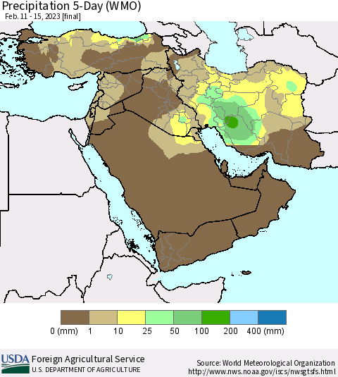 Middle East and Turkey Precipitation 5-Day (WMO) Thematic Map For 2/11/2023 - 2/15/2023