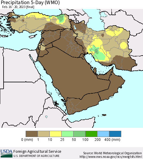 Middle East and Turkey Precipitation 5-Day (WMO) Thematic Map For 2/16/2023 - 2/20/2023