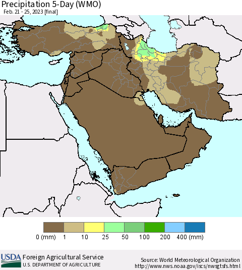 Middle East and Turkey Precipitation 5-Day (WMO) Thematic Map For 2/21/2023 - 2/25/2023