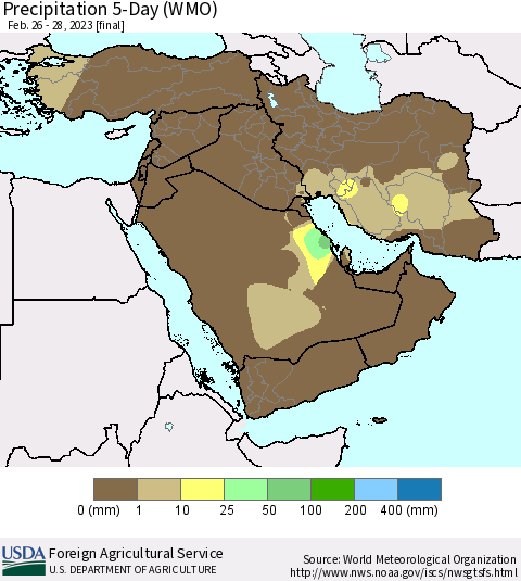 Middle East and Turkey Precipitation 5-Day (WMO) Thematic Map For 2/26/2023 - 2/28/2023