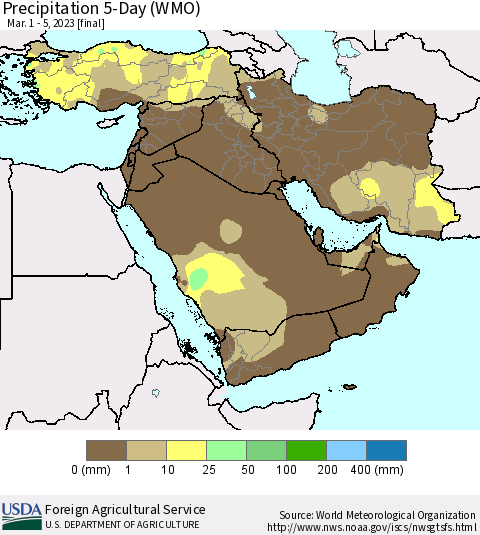 Middle East and Turkey Precipitation 5-Day (WMO) Thematic Map For 3/1/2023 - 3/5/2023