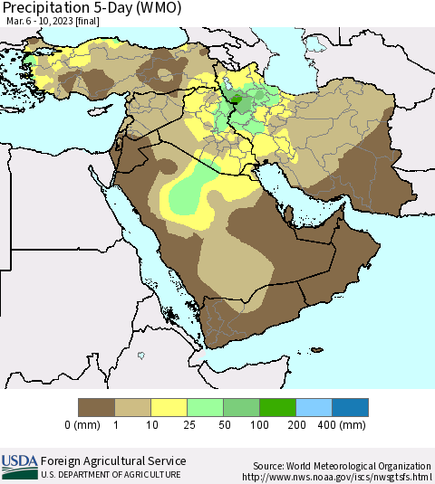 Middle East and Turkey Precipitation 5-Day (WMO) Thematic Map For 3/6/2023 - 3/10/2023