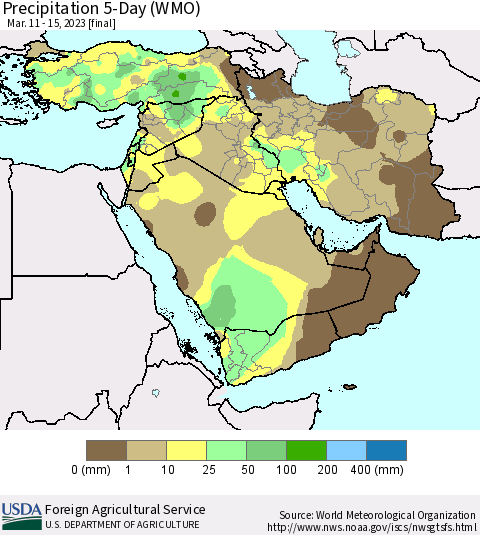Middle East and Turkey Precipitation 5-Day (WMO) Thematic Map For 3/11/2023 - 3/15/2023