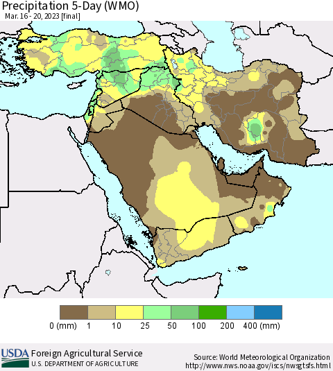 Middle East and Turkey Precipitation 5-Day (WMO) Thematic Map For 3/16/2023 - 3/20/2023