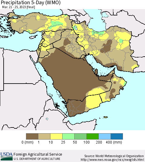 Middle East and Turkey Precipitation 5-Day (WMO) Thematic Map For 3/21/2023 - 3/25/2023