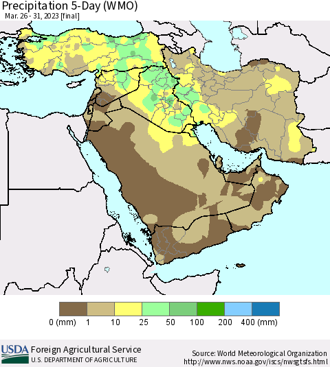 Middle East and Turkey Precipitation 5-Day (WMO) Thematic Map For 3/26/2023 - 3/31/2023