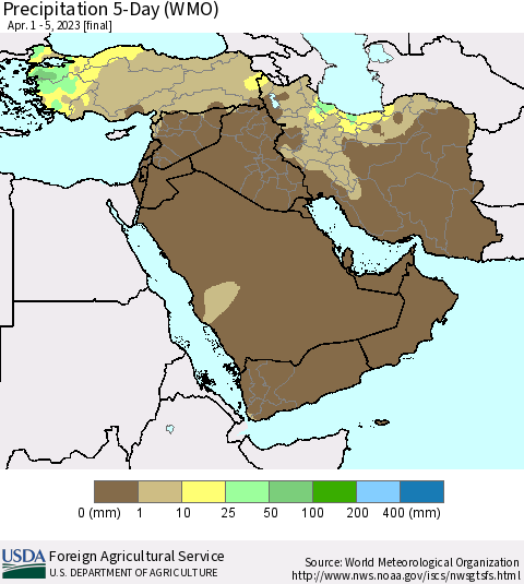 Middle East and Turkey Precipitation 5-Day (WMO) Thematic Map For 4/1/2023 - 4/5/2023