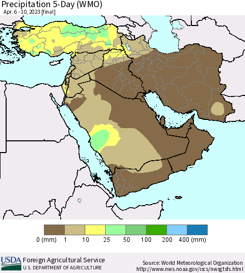 Middle East and Turkey Precipitation 5-Day (WMO) Thematic Map For 4/6/2023 - 4/10/2023