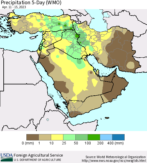 Middle East and Turkey Precipitation 5-Day (WMO) Thematic Map For 4/11/2023 - 4/15/2023
